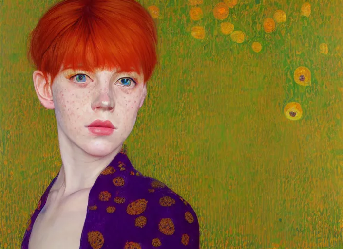 Image similar to portrait Girl with orange hair and freckles, green eyes, fine face pretty face, purple background, fine details, by Ilya Kuvshinov and Gustav Klimt