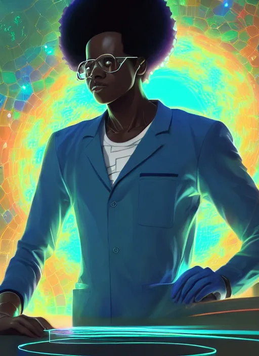 Prompt: afro - futurist scientist ( male, masculine ) in a lab studying holographic schematics + medium length shot | hyperrealistic digital painting by makoto shinkai, ilya kuvshinov, lois van baarle, rossdraws | afrofuturism, in the style of hearthstone, trending on artstation | orange palette and complimentary colors