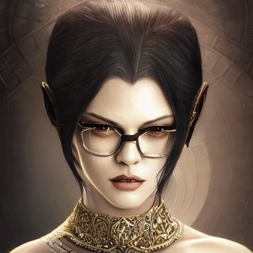 Image similar to a portrait a young asia argento as bayonetta, urban motifs, intricate, elegant, highly detailed, digital painting, trending on artstation, concept art, smooth sharp focus, illustration, art by artgerm and greg rutkowski