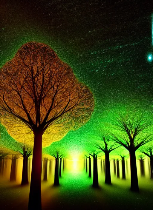 Image similar to high depth, collective civilization trees, calm, healing, resting, life, hybrids, scifi, soft glowing lights, published concept art, art in the style of all and none and everything and infinity, macro night long exposure