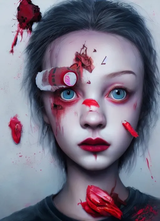 Image similar to portrait of sinister girl with pouty aerochrome lips, langolier, unforgivable, cute bandaid on nose!!, expressive eyes, full body, deathly skin, greg rutkowski, charlie bowater, yuumei, stephen gammell, unreal 5, daz, hyperrealistic, octane render, rpg portrait, dynamic lighting, fantasy art, beautiful face