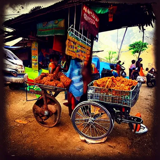 Prompt: “ an elephant selling fried chicken wings and sticky rice with a motorcycle cart in rural thailand. masterpiece. trending on artstation ”