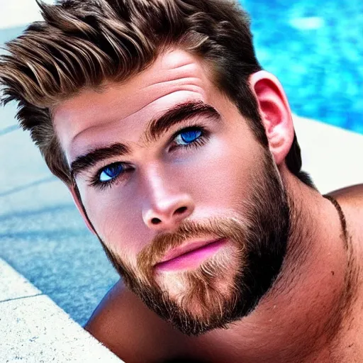 Image similar to a realistic detailed photo of a guy who is an attractive humanoid who is half robot and half humanoid, who is a male android, actor liam hemsworth, shiny skin, posing like a statue, blank stare, by the pool, on display