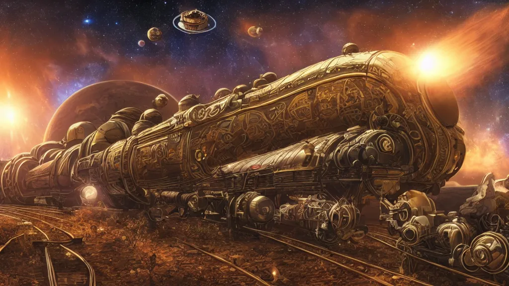 Image similar to Steampunk space train is leaving earth. Extremely detailed. Wide angle shot, 4K. Set in space