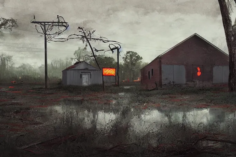 Image similar to scene from louisiana swamps, old protestant church with neon satanic pentagram, junkyard by the road, boy scout troop, voodoo artwork by tim eitel