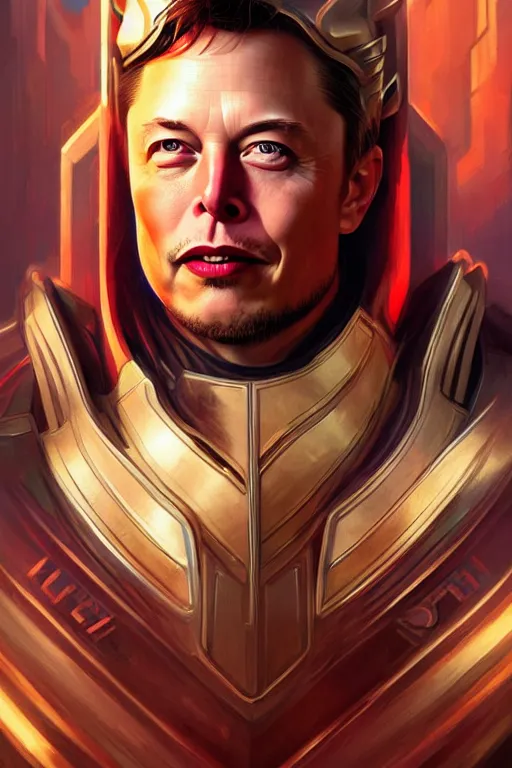 Image similar to elon musk as thor, realistic portrait, symmetrical, highly detailed, digital painting, artstation, concept art, smooth, sharp focus, illustration, cinematic lighting, art by artgerm and greg rutkowski and alphonse mucha