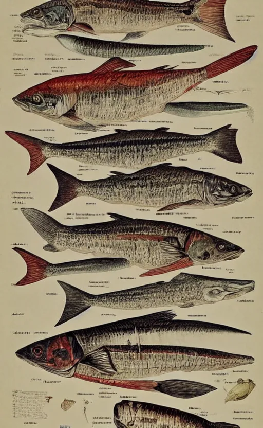 Prompt: a page of fish anatomy atlas, 1 9 0 0 s, highly detailed