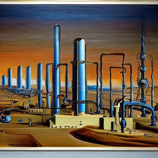 Image similar to industrial automated tesla factory painted by salvador dali