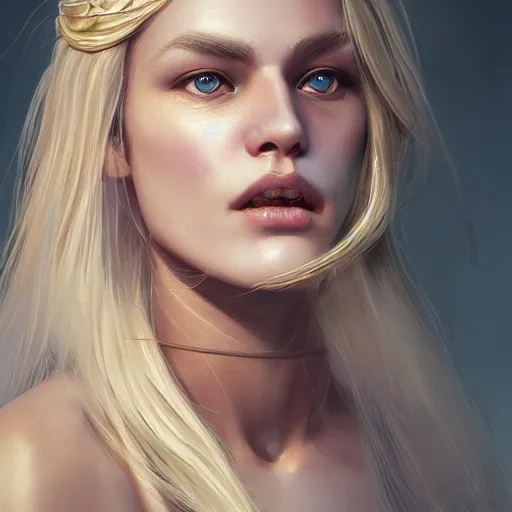 Image similar to epic portrait an beautiful blonde haired viking woman with a nose scar and glossy lips, made by Stanley Artgerm Lau, WLOP, Rossdraws, ArtStation, CGSociety, concept art,g cgsociety, octane render, trending on artstation, artstationHD, artstationHQ, unreal engine, 4k, 8k