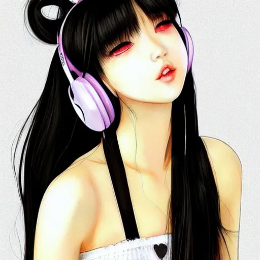 Image similar to realistic beautiful gorgeous natural cute Blackpink Lalisa Manoban black hair fur black cat ears, wearing white camisole summer outfit, headphones, black leather choker artwork drawn full HD 4K highest quality in artstyle by professional artists WLOP, Aztodio, Taejune Kim, Guweiz on Pixiv Instagram Artstation