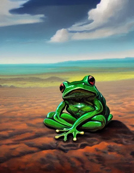 Prompt: a frog looking the end of world, oil on canvas, artstation, dramatic scenery, masterpiece, aesthetic