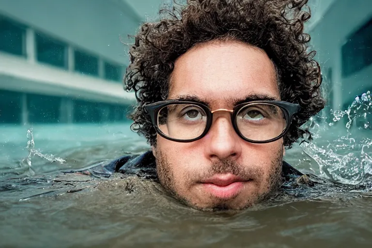 Prompt: closeup potrait of a man with curly hair and round glasses swimming in nuclear waste water in an amsterdam street, photograph, natural light, sharp, detailed face, magazine, press, photo, steve mccurry, david lazar, canon, nikon, focus