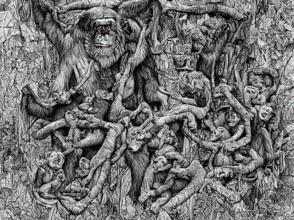 Image similar to bored ape club monkeies by Chor Boogie, intricate details, ultra detailed, 4K, award-winning, touch of M. C. Escher and Salvador Dali