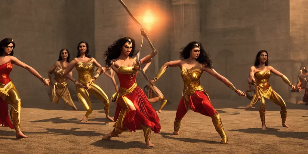 Prompt: wonder women performing kalaripayattu, cinematic, color graded, volumetric lighting, octane render, ultra realistic