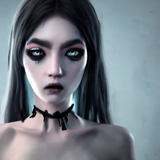 Prompt: photorealistic portrait of angry dark anime girl, inspired by Tim Burton, detailed, unreal engine 4k
