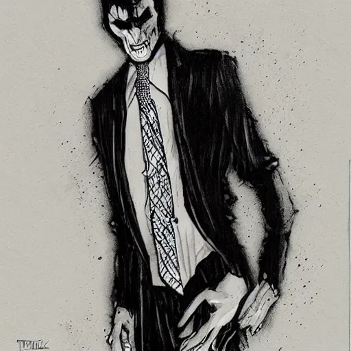 Prompt: a vampire in a suit and tie, character portrait, detailed ink drawing, black and white, 9 0 s vibe, concept art by tim bradstreet