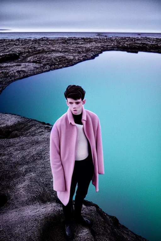 Image similar to high quality pastel coloured film mid angle docu photograph of a beautiful young 2 0 year old male, soft features, short black hair, wearing coat, falling into in an icelandic black rock pool environment. atmospheric. three point light. photographic. art directed. ( pastel colours ). volumetric light. clearcoat. waves glitch. 8 k. filmic.