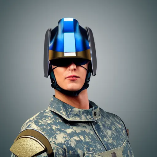 Image similar to a futuristic soldier captain with a metal visor and a blue shoulderpad