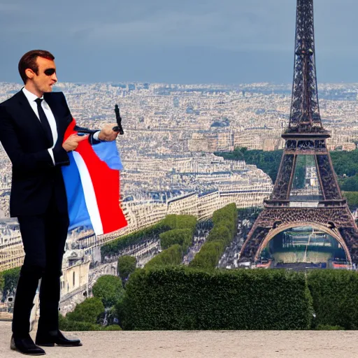 Image similar to Still of a James Bond movie starring Emmanuel Macron as James Bond. Emmanuel Macron holds a Beretta, a baguette and a French flag in front of the Eiffel Tower. Nikon, sigma 1/6, 50 mm