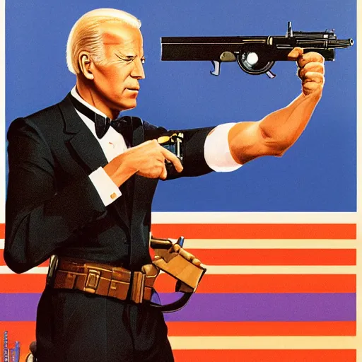 Image similar to propaganda poster of joe biden pointing gun directly at camera in james bond movie, closeup of gun, visible barrel and grip by j. c. leyendecker, bosch, lisa frank, jon mcnaughton, and beksinski