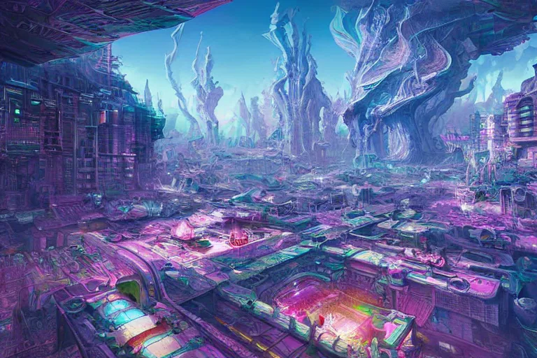 Prompt: a psychedelic city at the edge of existence where intensely creative astral beings live, in the style of wlop, illustration, epic, fantasy, hyper detailed, smooth, unreal engine, sharp focus, ray tracing