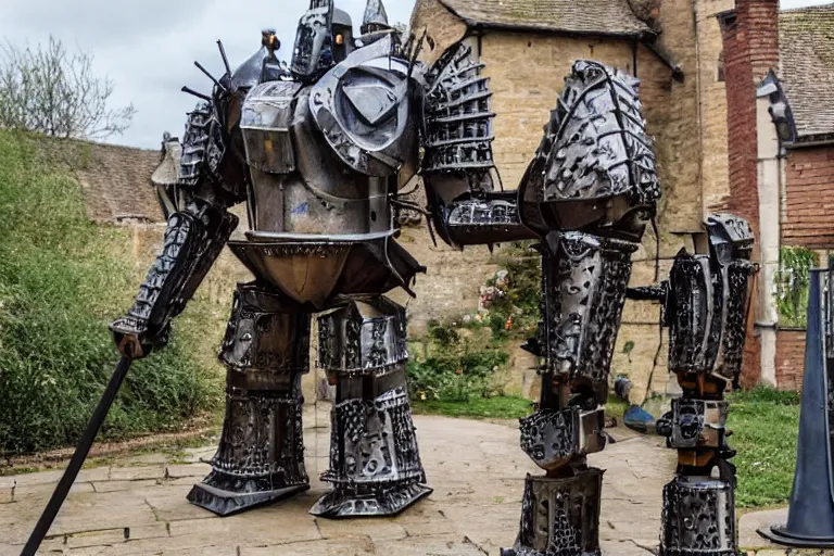 Prompt: a giant mech made out of medieval knights armor and parts standing in an old english village