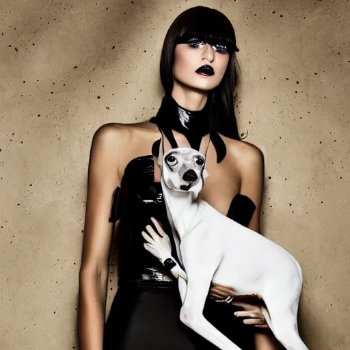 Image similar to fashion photography of an extraterrestrial model, holding a white doberman, wearing demobaza fashion, inside berghain, berlin fashion, harness, futuristic fashion, dark minimal outfit, photo 3 5 mm leica, hyperdetail, berghain, 8 k, very detailed, photo by nick knight