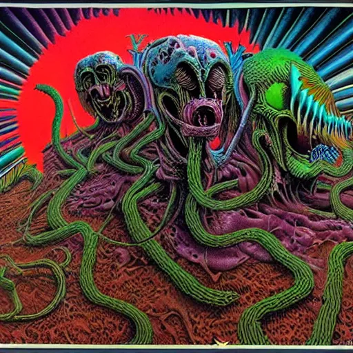 Image similar to thrash metal album cover in the style of wayne barlowe and kenny scharf and philippe druillet, realistic, insanely detailed, intricate, smooth, airbrush, play-doh