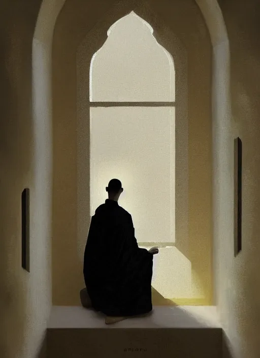 Prompt: oil painting of a dominican monk in robes, looking out a window contemplatively, digital art, artstation, cinematic, golden hour, digital art painting by greg rutkowski