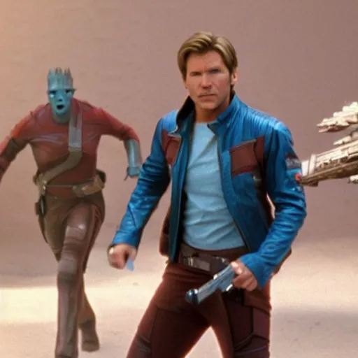 Prompt: film still of 1980s Harrison Ford as Star Lord in Guardians of the Galaxy