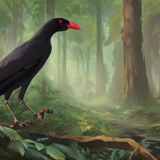 Prompt: concept art painting of an anthropomorphic humanoid crow, in the deep forest, realistic, detailed, cel shaded, in the style of makoto shinkai and greg rutkowski and james gurney