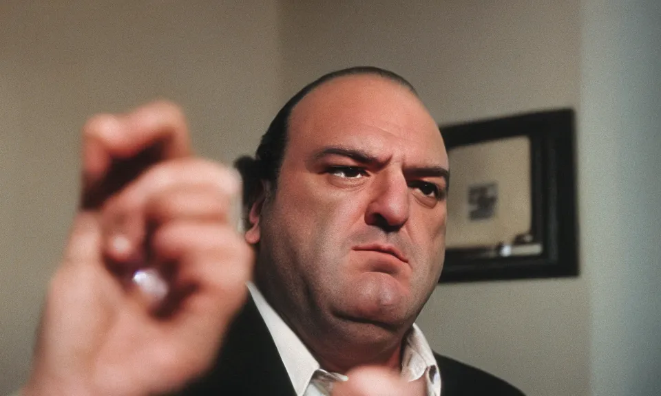 Image similar to still image of tony soprano running through the backrooms with a frightened look on his face, close up, wide angle, unsettling, offputting, cinestill 8 0 0 t