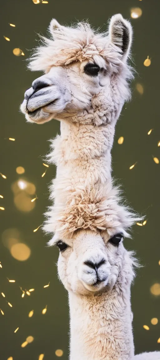 Image similar to portrait photo of an alpaca in the forest of pastel feathers lit by small fireflies at night