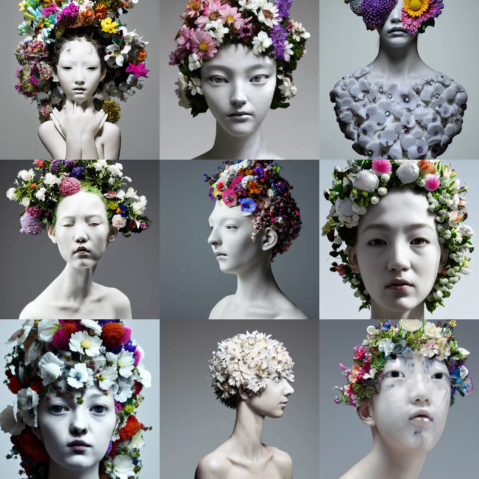 Prompt: full head and shoulders, beautiful female white, award - wining porcelain sculpture, with lots of colorful flowers attached to head by yoshitaka amano, daniel arsham and sandra chevrier, on a white background, delicate facial features, white eyes, white lashes, high - resolution, perfect composition