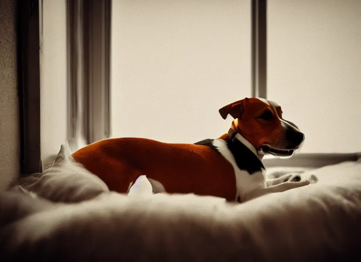 Image similar to photography of a Jack Russel . watching outside the window. on a bed. in a vintage room full of vinyls and posters.,volumetric light, photorealistic,, award winning photo, 100mm, sharp, high res