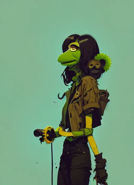 Image similar to highly detailed portrait of a moody sewerpunk young adult muppet lady by atey ghailan, by greg rutkowski, by greg, tocchini, by james gilleard, by joe fenton, by kaethe butcher, gradient yellow, black, brown and cyan color scheme, grunge aesthetic!!! ( ( graffiti tag city background ) )