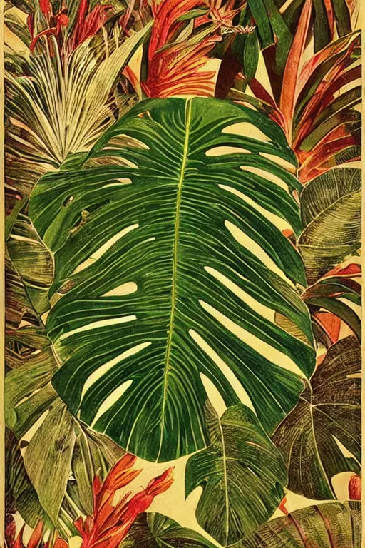 Prompt: vintage magazine advertisement depicting all of the tropical plants in the world, monstera!!!, in focus, sharp, smooth, by marius lewandowski, by ernst haeckel