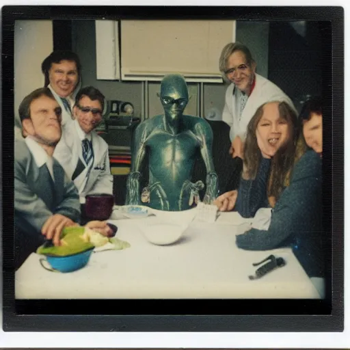 Image similar to polaroid of an alien on a table surrounded by doctors