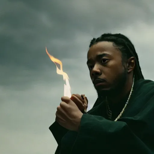 Image similar to cinematic film still of Kendrick Lamar starring as a Japanese Sensei with fire, Japanese CGI, VFX, 2003, 40mm lens, shallow depth of field, film photography