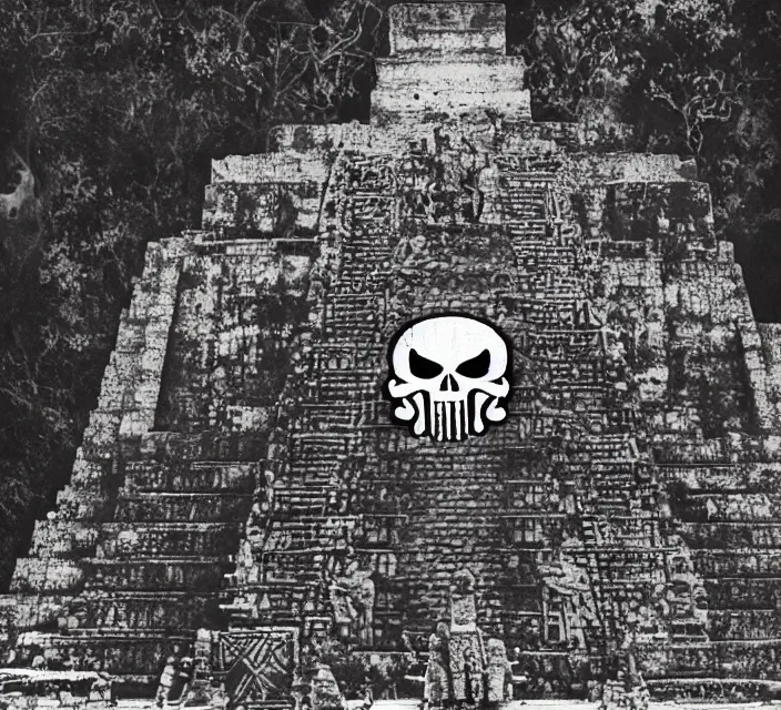 Image similar to mayan temple in form of punisher skull. background jungle