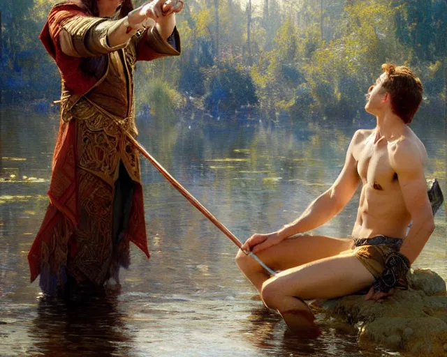 Image similar to attractive male wizard casting water spell in a beautiful lake. highly detailed painting by gaston bussiere, craig mullins, j. c. leyendecker 8 k