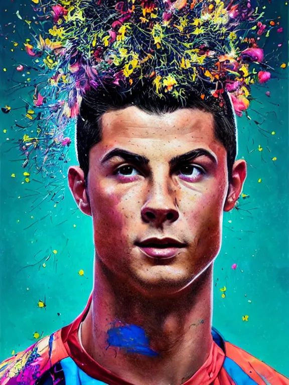 Prompt: art portrait of christiano ronaldo with blossoms exploding out of head,by tristan eaton,Stanley Artgermm,Tom Bagshaw,Greg Rutkowski,Carne Griffiths,trending on DeviantArt,face enhance,chillwave,minimalist,cybernetic, android, blade runner,full of color,