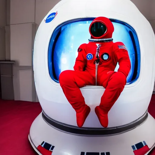 Prompt: a ( ( red suit ) ) astronaut shaped like a bean with a blue visor 4 k