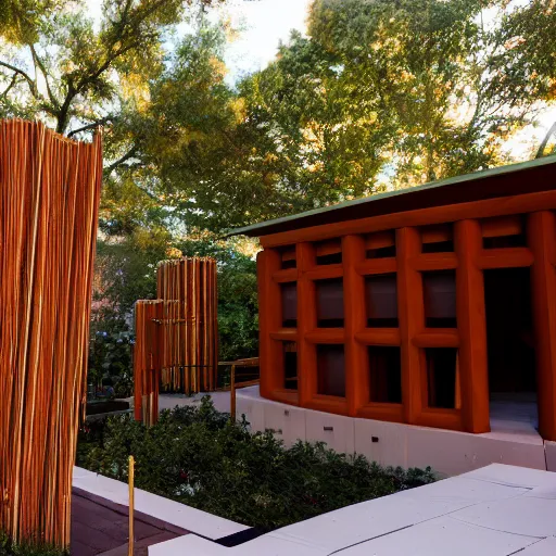 Image similar to Modern sukkah designed by Frank Lloyd Wright, sukkot, architectural detail, DSLR photography