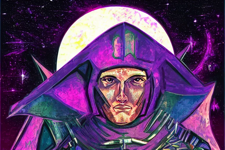 Prompt: digital art of a spiritual medieval knight looking up at the stars, acrylic art, universe, painting, pastel colors, synthwave, retro, cyberpunk,