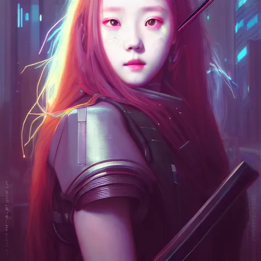 Image similar to portrait painting of cyberpunk chuu loona kpop smiling cheerfully with a black katana, ultra realistic, concept art, intricate details, eerie, highly detailed, photorealistic, octane render, 8 k, unreal engine. art by artgerm and greg rutkowski and magali villeneuve and alphonse mucha