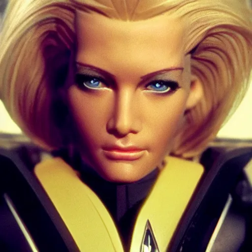 Prompt: very pretty blond borg queen, moody lighting, shallow depth of field, in the style of star trek,