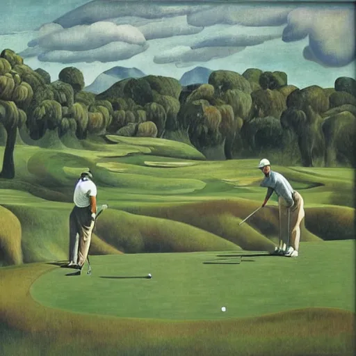 Image similar to Three golfers on a beautiful golf course, by Diego Rivera