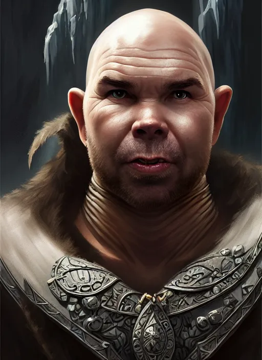 Image similar to portrait of karl pilkington as an orc, d & d, muscular! fantasy, intricate, elegant, highly detailed, digital painting, artstation, concept art, smooth, sharp focus, illustration, art by artgerm and greg rutkowski and alphonse mucha