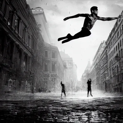 Image similar to a highly detailed epic cinematic black and white painting artwork inspired by Henri Cartier-Bresson's Behind the Gare Saint-Lazare, man jumping over a puddle of water. World Press Photo winner, enhanced and corrected in Photoshop, octane render, excellent composition, cinematic atmosphere, dynamic dramatic cinematic lighting, aesthetic, very inspirational, arthouse